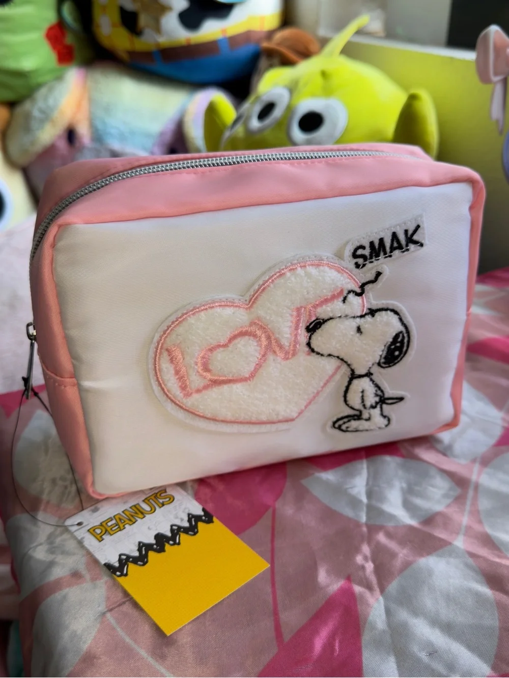 Peanuts Pink and White Snoopy Cosmetic Pouch - LOVE Heart Patch